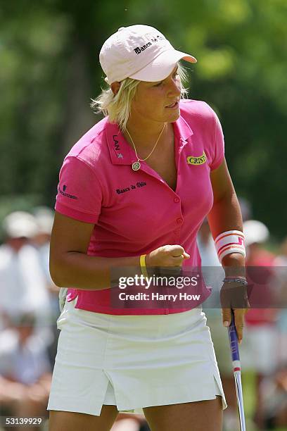 Nicole Perrot of Chile reacts to a putt on three during the first round of the 60th U.S. Women's Open Championship at Cherry Hills Country Club on...