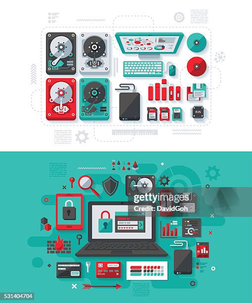 stockillustraties, clipart, cartoons en iconen met data storage & it security concept - floppy disk