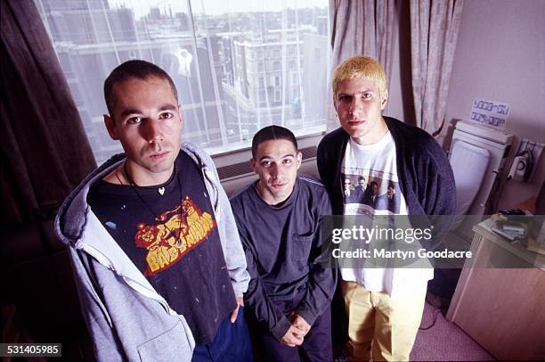 Beastie Boys, group portrait, London, United Kingdom, 1993. L-R Adam Yauch , Adam Horovitz , Mike Diamond .