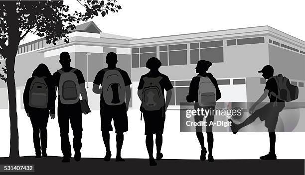 ilustrações de stock, clip art, desenhos animados e ícones de amigos andar à escola - school child