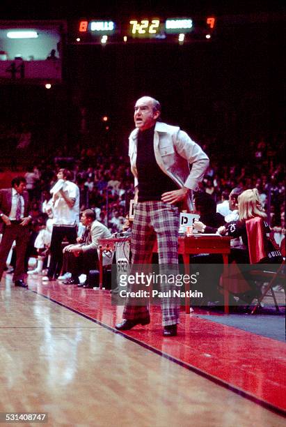 Jack Ramsay coaches the Portland Trailblazers during a game against the Chicago Bulls, Chicago, Illinois, 1973.