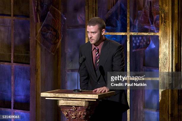 Singer Justin Timberlake speaking at the Rock and Roll Hall of Fame induction ceremonies held at the Waldorf Astoria, New York, New York, March 14,...