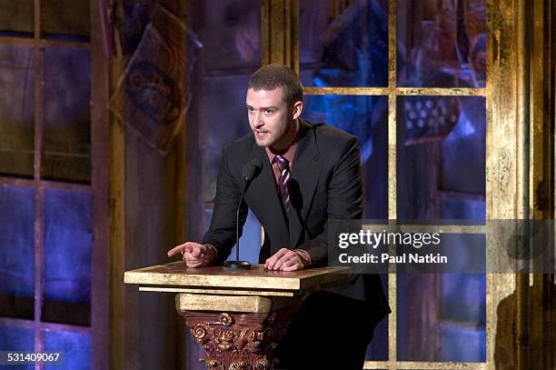 Singer Justin Timberlake speaking at the Rock and Roll Hall of Fame induction ceremonies held at the Waldorf Astoria, New York, New York, March 14,...