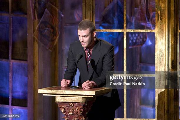 Singer Justin Timberlake speaking at the Rock and Roll Hall of Fame induction ceremonies held at the Waldorf Astoria, New York, New York, March 14,...