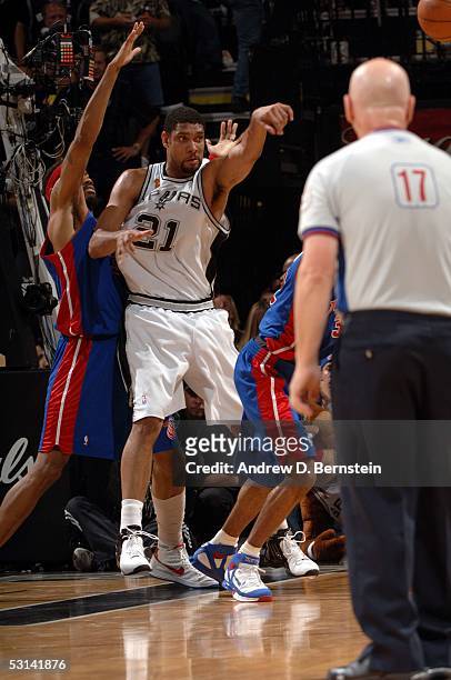 Tim Duncan of the San Antonio Spurs throws a pass against the Detroit Pistons in Game seven of the 2005 NBA Finals on June 23, 2005 at the SBS Center...