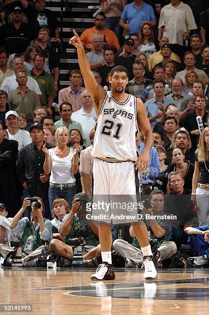 Tim Duncan of the San Antonio Spurs against the Detroit Pistons in Game seven of the 2005 NBA Finals on June 23, 2005 at the SBS Center in San...