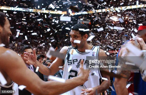 Robert Horry and Tim Duncan of the San Antonio Spurs celebrate after winning Game seven of the 2005 NBA Finals against the Detroit Pistons on June...