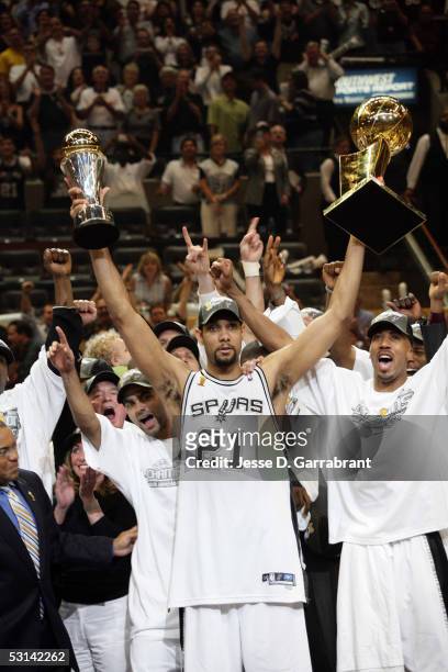 Tim Duncan, Tony Parker and and Bruce Bowen of the 2005 NBA Champion San Antonio Spurs celebrate winning Game seven of the 2005 NBA Finals against...