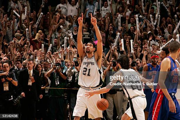 Finals MVP Tim Duncan and Manu Ginobili of the San Antonio Spurs celebrate winning the 2005 NBA Championship with the Spurs 81-74 win against the...