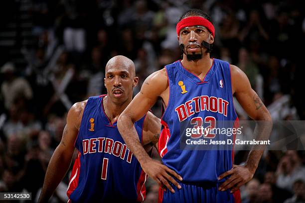 Chauncey Billups and Richard Hamilton of the Detroit Pistons stand on court against the San Antonio Spurs in Game Seven of the 2005 NBA Finals on...