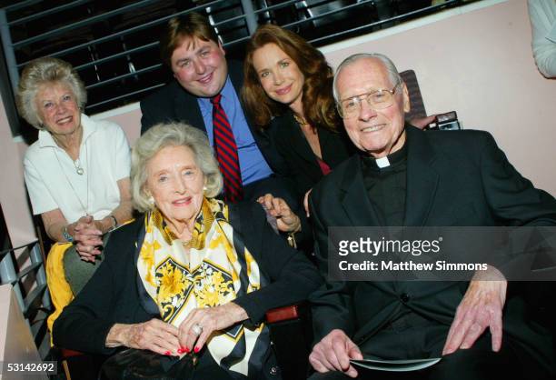Judy Perito, Tripp Hornick and Mary Crosby with Dolores Hope and Monsignor Kiefer attend the opening of "The Melody Lingers On" at the El Portal...
