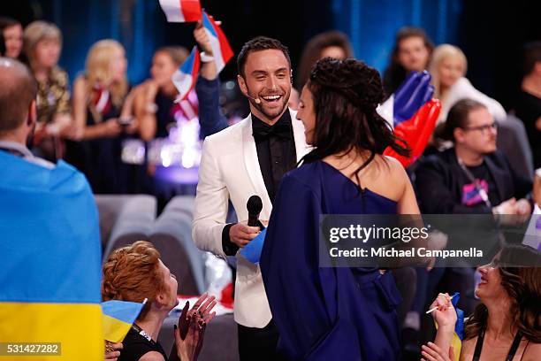 Host Mans Zelmerlow and Jamala representing Ukraine is seen at the Ericsson Globe on May 14, 2016 in Stockholm, Sweden.