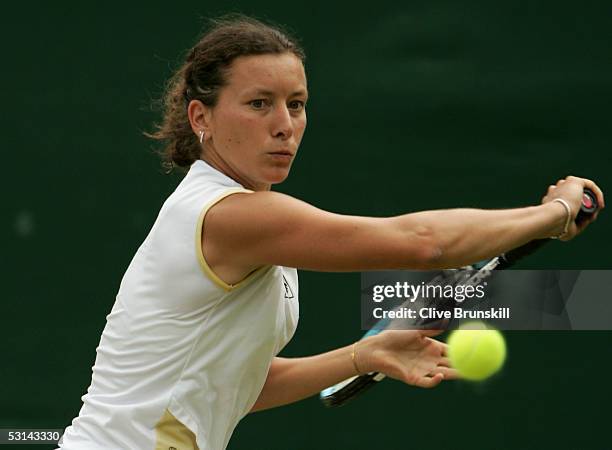 Antonella Serra Zanetti of Italy in action against Magdalena Maleeva of Bulgaria during the fifth day of the Wimbledon Lawn Tennis Championship on...