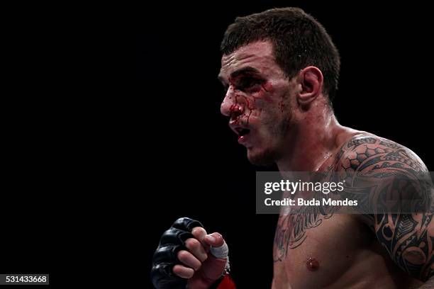 Renato Mocaio of Brazil looks on prior to Zubaira Tukhugov of Russia in their featherweight bout during the UFC 198 at Arena da Baixada stadium on...