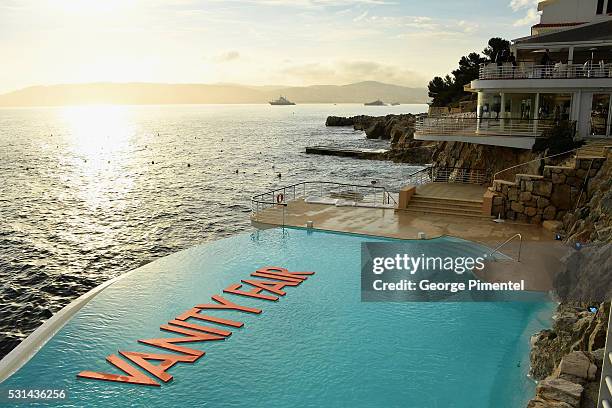 Vanity Fair signage seen at Vanity Fair and HBO Dinner Celebrating the Cannes Film Festival at Hotel du Cap-Eden-Roc on May 14, 2016 in Cap...