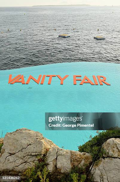 Vanity Fair signage seen at Vanity Fair and HBO Dinner Celebrating the Cannes Film Festival at Hotel du Cap-Eden-Roc on May 14, 2016 in Cap...