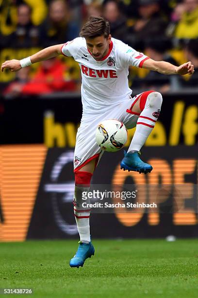 Filip Mladenovic of Koeln controls the ball during the Bundesliga match between Borussia Dortmund and 1. FC Koeln at Signal Iduna Park on May 14,...