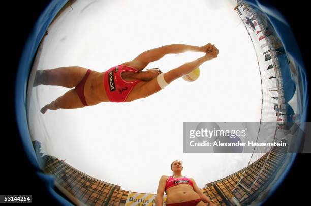 Misty May-Treanor and Kerri Walsh of the United States of America seen in action during a training session prior her match between Misty May-Treanor...