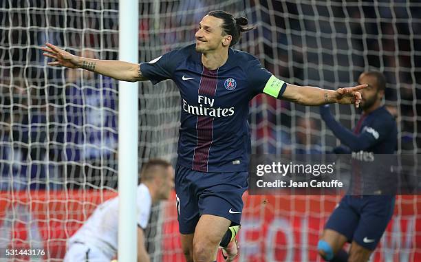 Zlatan Ibrahimovic of PSG scores his first goal during the French Ligue 1 match between Paris Saint-Germain and FC Nantes at Parc des Princes stadium...