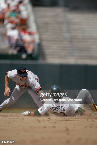 Cal Ripken Jr. #8 of the Baltimore Orioles tags out Jose Canseco of the Oakland Athletics during a May,1990 season game. Cal Ripken Jr. Played for...