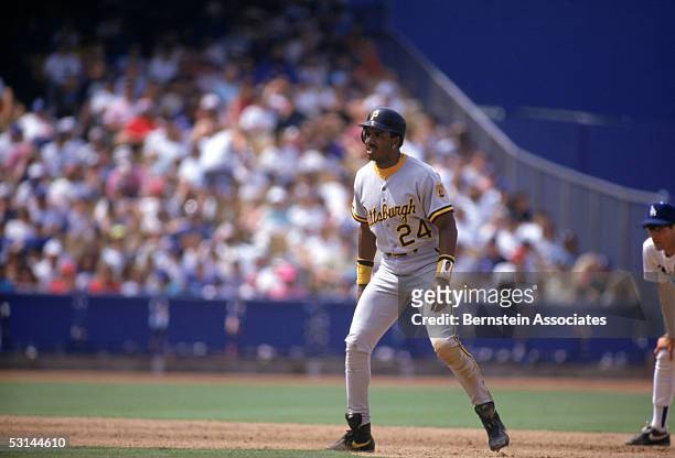 Barry Bonds of the Pittsburgh Pirates on base during a game against the Los Angeles Dodgers at Dodgers Stadium on May 24, 1992 in Los Angeles,...