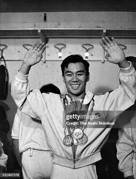 Takashi Ono of Japan poses with his medals in the Artistic Gymnastics during the Rome Summer Olympic Games at Baths of Caracalla on September 1, 1960...