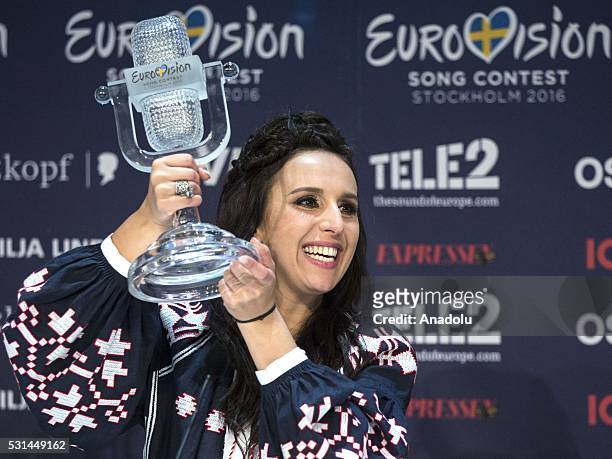 Singer Jamala representing Ukraine with the song '1944' attends a press conference after winning the Eurovision Song Contest 2016 grand final in...