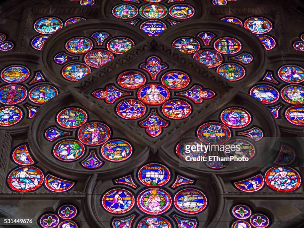 south rose window at cathedral of notre dame at lausanne - lausanne cathedral notre dame stock pictures, royalty-free photos & images