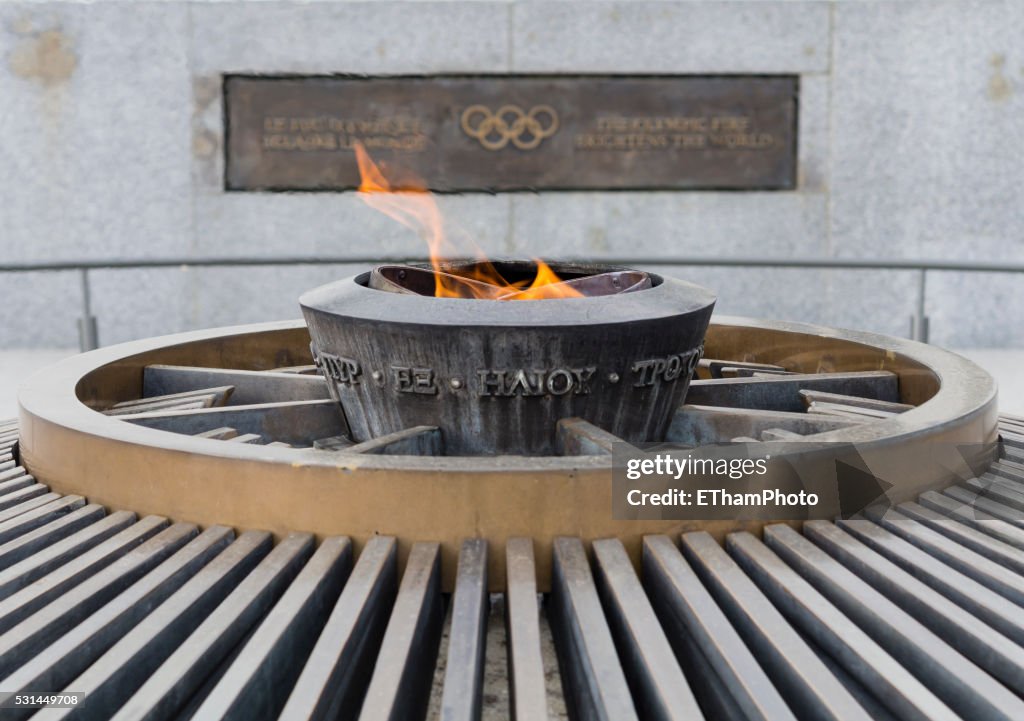 Olympic flame burning outside the Olympic museum at Lausanne, Switzerland