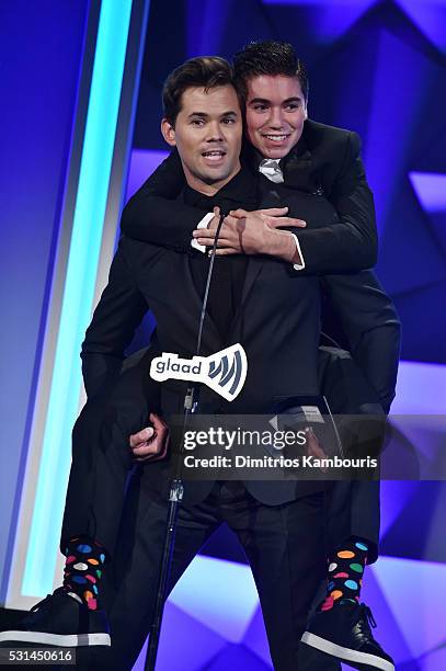 Actor Andrew Rannells and Noah Galvin speak onstage at the 27th Annual GLAAD Media Awards in New York on May 14, 2016 in New York City.