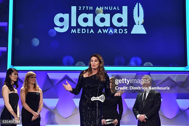 Caitlyn Jenner speaks onstage during the 27th Annual GLAAD Media Awards at Waldorf Astoria Hotel in New York on May 14, 2016 in New York City.