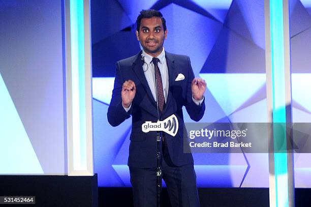 Aziz Ansari speaks onstage at the 27th Annual GLAAD Media Awards hosted by Ketel One Vodka at the Waldorf-Astoria on May 14, 2016 in New York City.