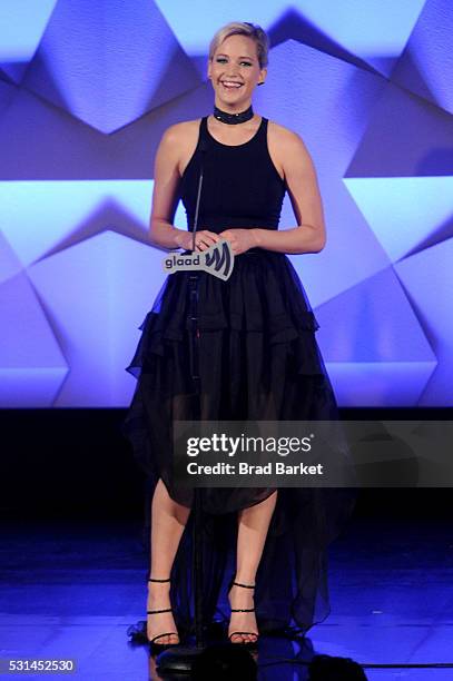 Jennifer Lawrence speaks onstage at the 27th Annual GLAAD Media Awards hosted by Ketel One Vodka at the Waldorf-Astoria on May 14, 2016 in New York...