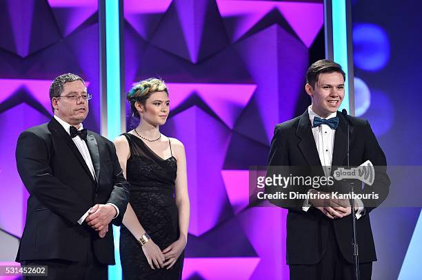 Jonas Maines speaks on stage with Nicole Maines during the 27th Annual GLAAD Media Awards at Waldorf Astoria Hotel in New York on May 14, 2016 in New...