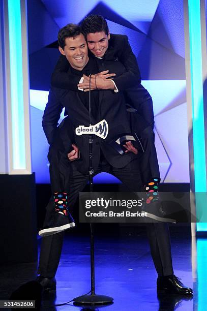 Andrew Rannells and Noah Galvin speak onstage at the 27th Annual GLAAD Media Awards hosted by Ketel One Vodka at the Waldorf-Astoria on May 14, 2016...