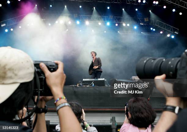 Pete Doherty from Babyshambles performs on the Other Stage on the first day of the Glastonbury Music Festival 2005 at Worthy Farm, Pilton on June 24,...