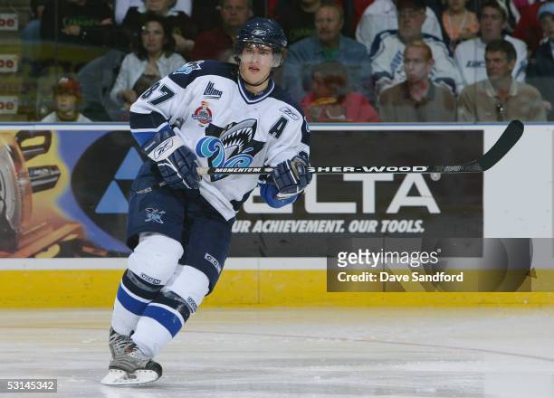 Sidney Crosby of the Rimouski Oceanic skates against the Kelowna Rockets during the Memorial Cup Tournament at the John Labatt Centre on May 25, 2005...