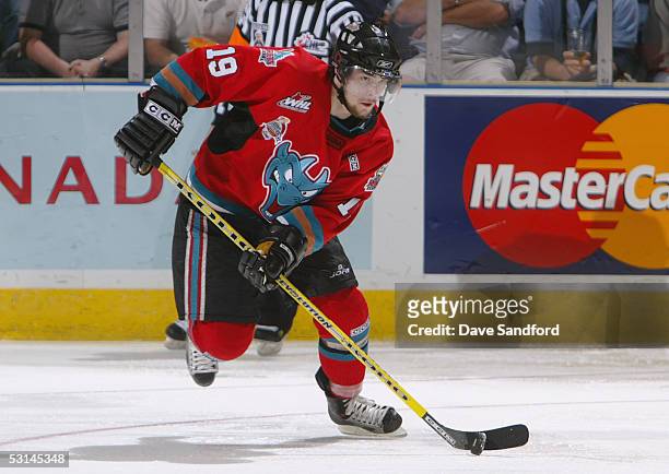 Justin Keller of the Kelowna Rockets breaks out of the defensive zone against the Rimouski Oceanic during the Memorial Cup Tournament at the John...