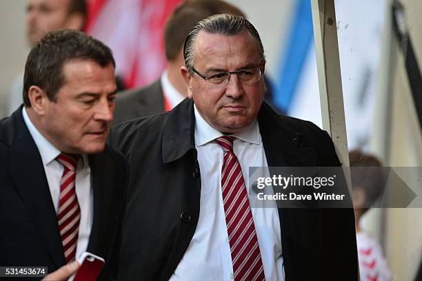 President of Reims Jean Pierre Caillot and Reims vice president Didier Perrin during the football French Ligue 1 match between Stade de Reims and...