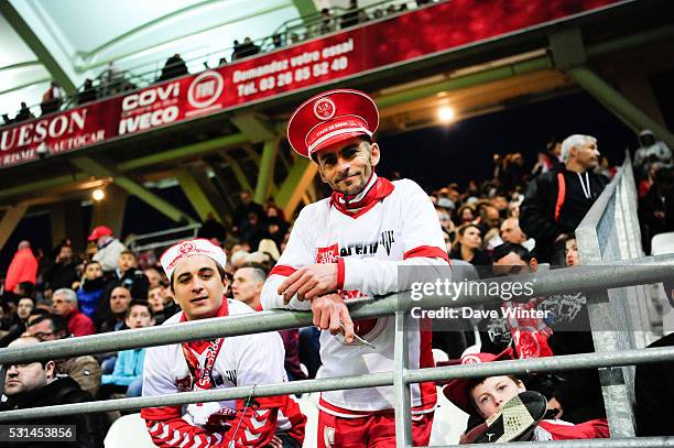 Reims supporters during the football French Ligue 1 match between Stade de Reims and Olympique Lyonnais at Stade Auguste Delaune on May 14, 2016 in...