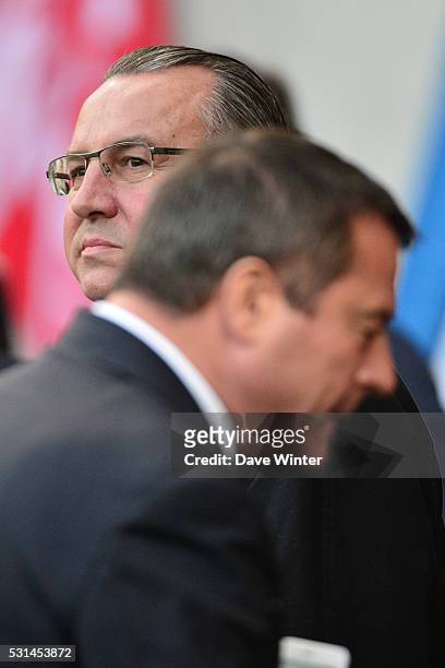 President of Reims Jean Pierre Caillot and vice president of Reims Didier Perrin during the football French Ligue 1 match between Stade de Reims and...