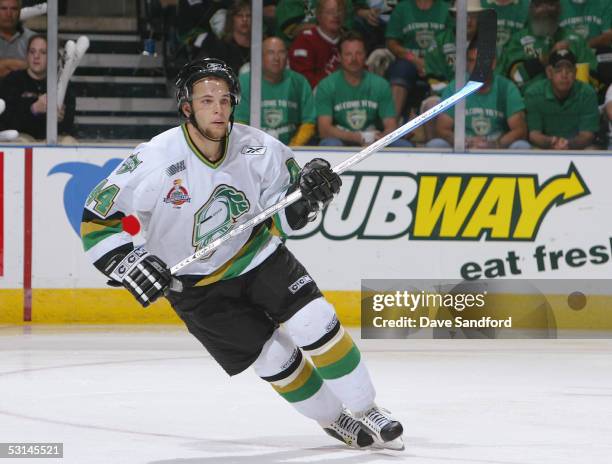 Rob Schremp of the London Knights skates against the Rimouski Oceanic during the finals of the Mastercard Memorial Cup Tournament at the John Labatt...