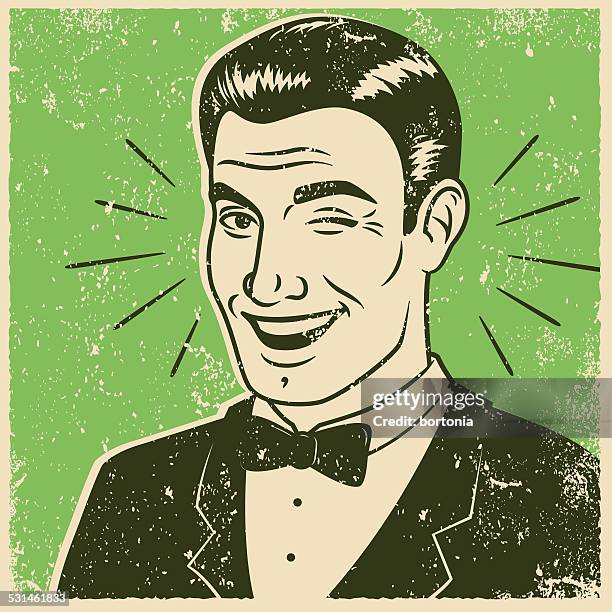 retro screen print winking man - bow tie stock illustrations
