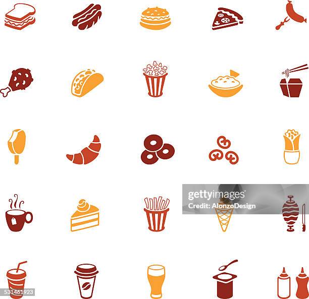fast food icons - brown mustard white background stock illustrations