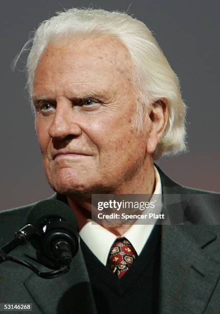 Billy Graham speaks during his Crusade at Flushing Meadows Corona Park June 24, 2005 in the Queens borough of New York. Flushing Meadows Corona Park...