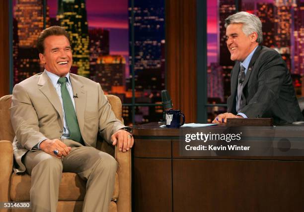 California Gov. Arnold Schwarzenegger appears with host Jay Leno on "The Tonight Show with Jay Leno" June 24, 2005 at NBC Studios in Burbank,...