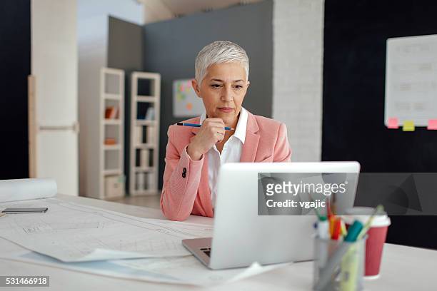 mature businesswoman in her office. - looking over laptop stock pictures, royalty-free photos & images