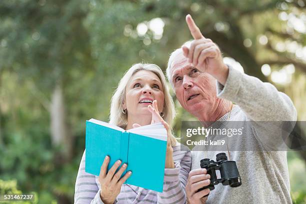 senior couple in the woods birdwatching - bird watching stock pictures, royalty-free photos & images