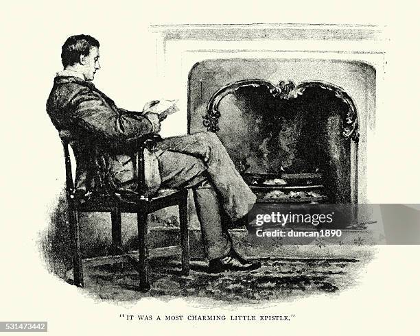 victorian man reading by the fireside - guy staring stock illustrations