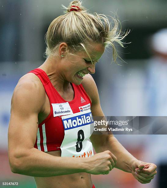 Katja Keller of Germany celebrates after her high jump attempt during the Erdgas Track and Field Meeting on June 25, 2005 in Ratingen, Germany.